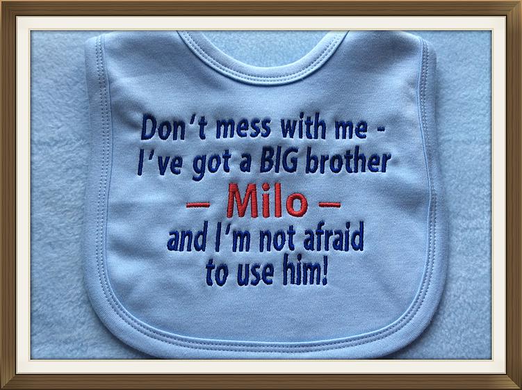 PERSONALISED Embroidered Baby Bib New baby sister BIG Brother gift present 